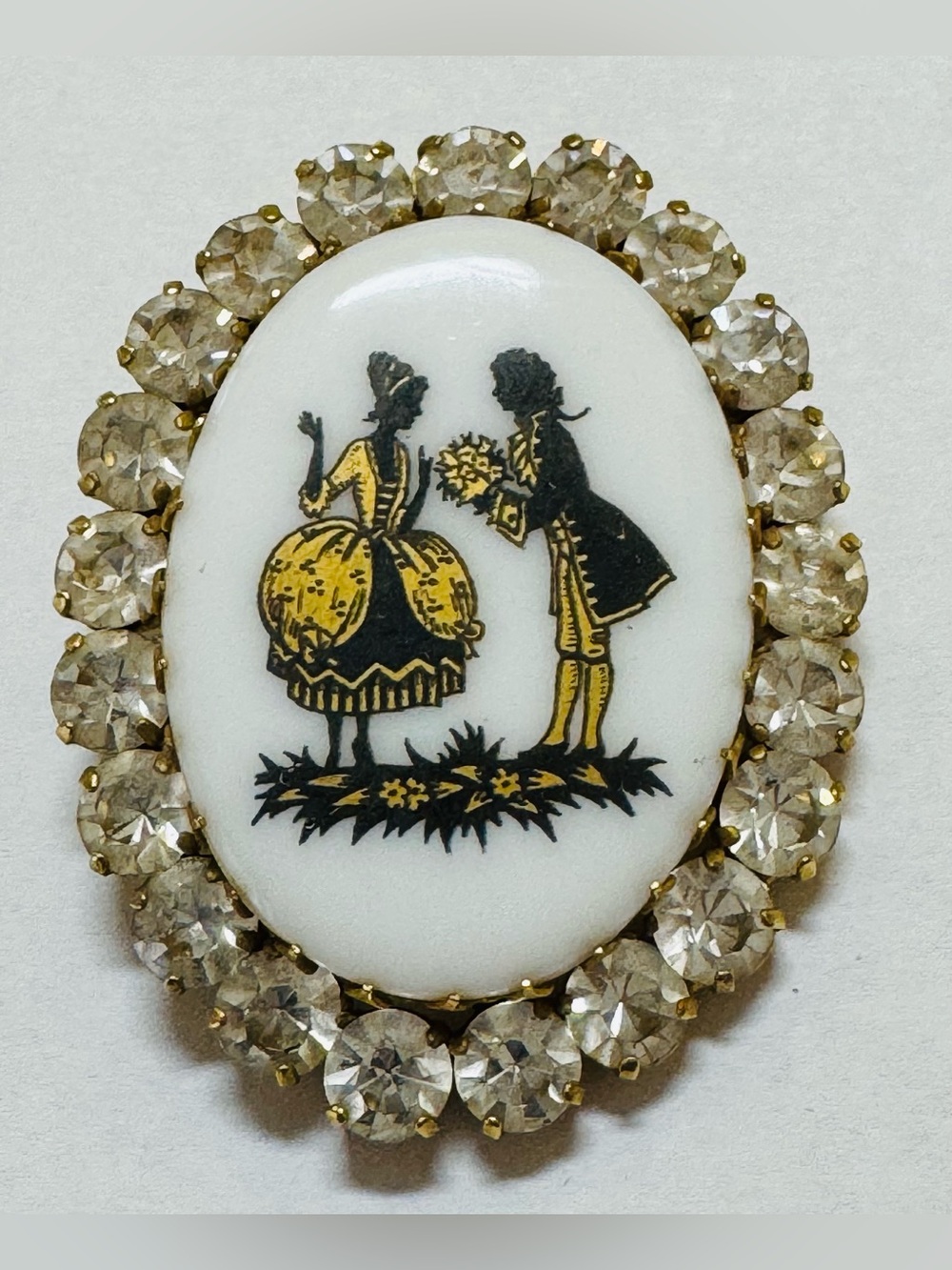 Courting Couple Porcelain Cameo Brooch with Crystal Rhinestones
